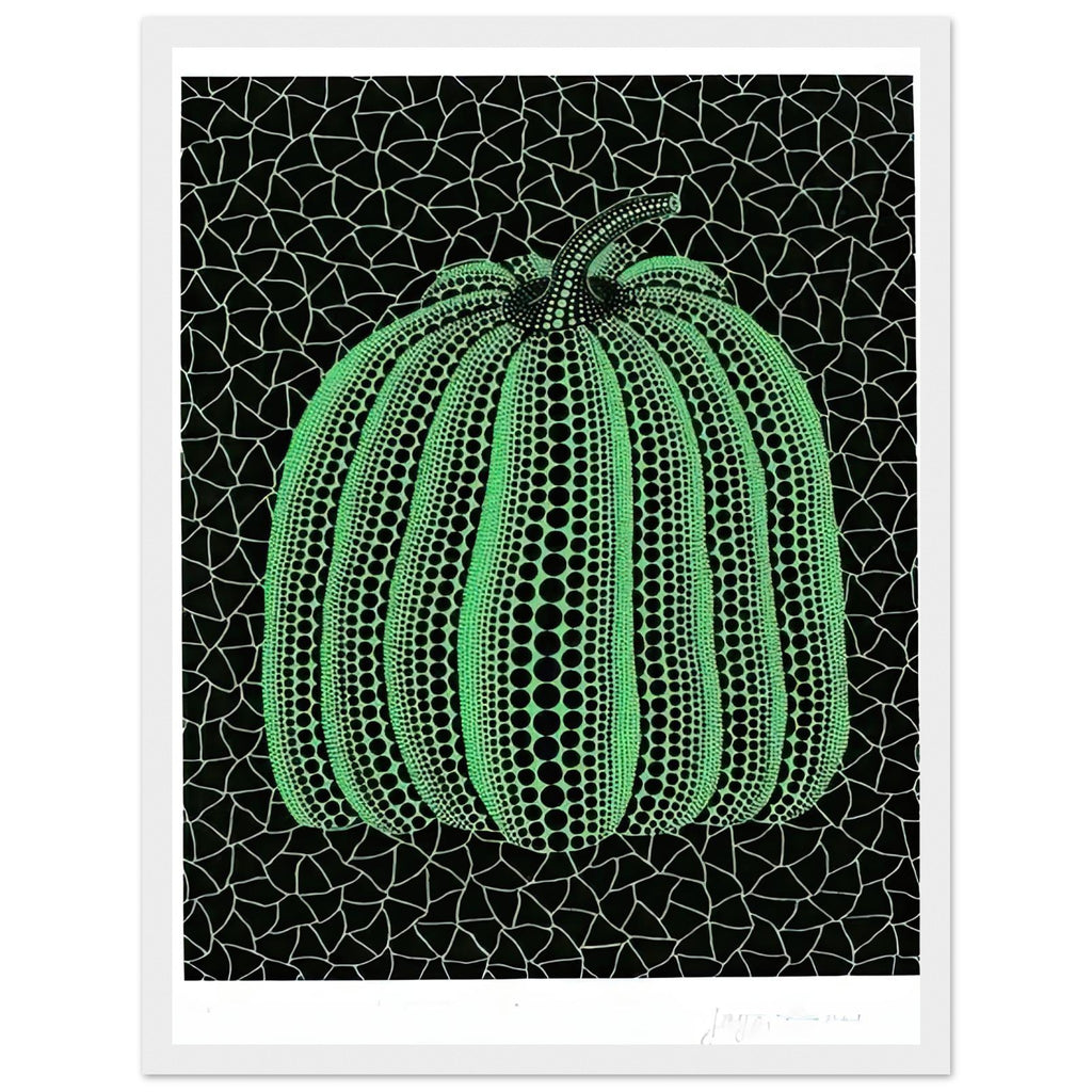 Yayoi Kusama framed print — In Pumpkin (GT) , the familiar pumpkin silhouette becomes a framework for Kusama’s pattern language, white frame, 30x40 cm / 12x16″