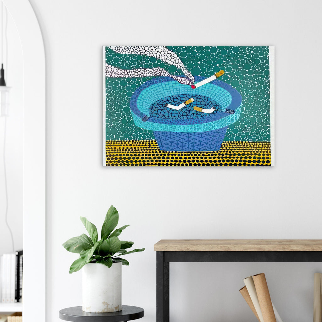 Yayoi Kusama canvas print — Ashtray (2) returns to the everyday smoking accessory but distinguishes this image as a second listed treatment of the motif