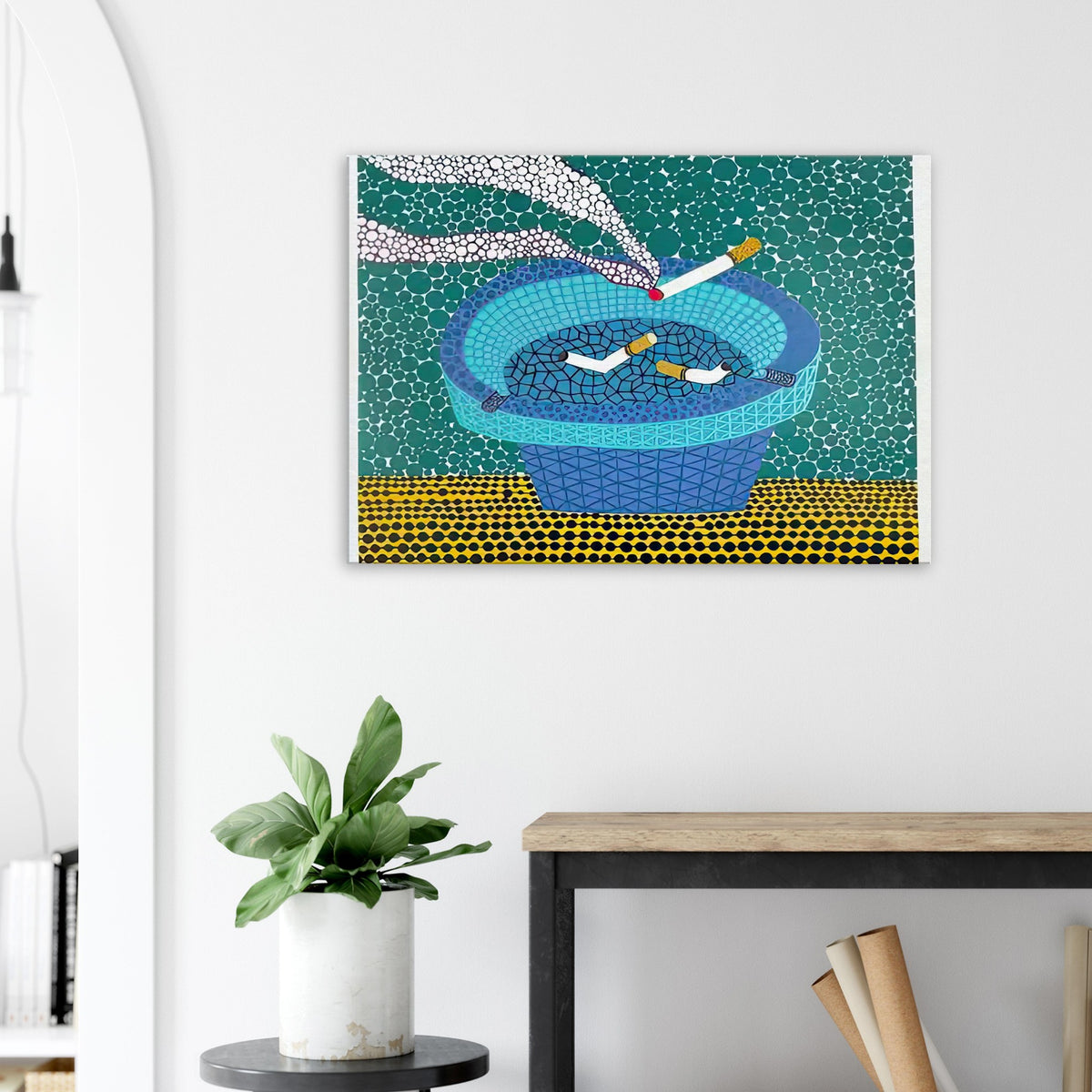 Yayoi Kusama canvas print — Ashtray (2) returns to the everyday smoking accessory but distinguishes this image as a second listed treatment of the motif