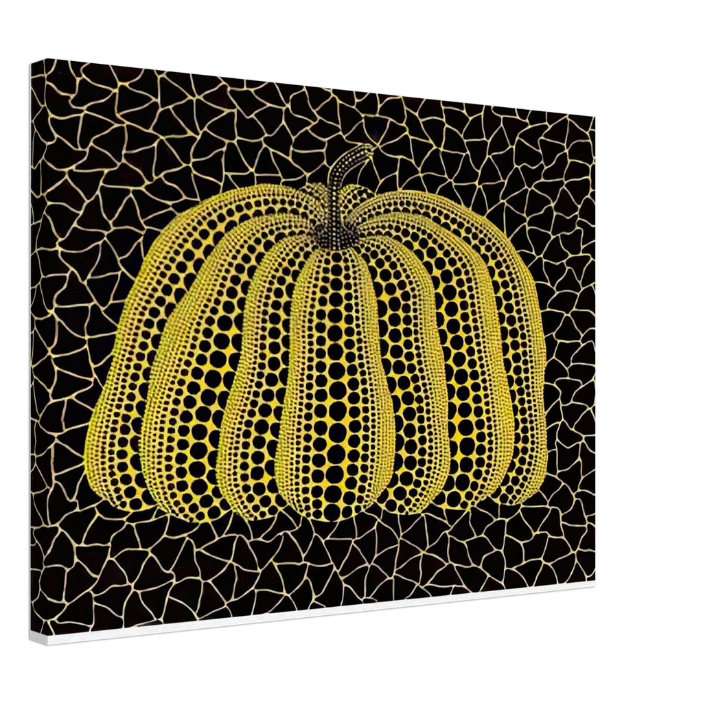Yayoi Kusama canvas print — Pumpkin (YB-B) [Kusama 327] revisits Kusama’s best-known vegetable through the relationship between its distinctive form and repeating ornament, 45x60 cm / 18x24″