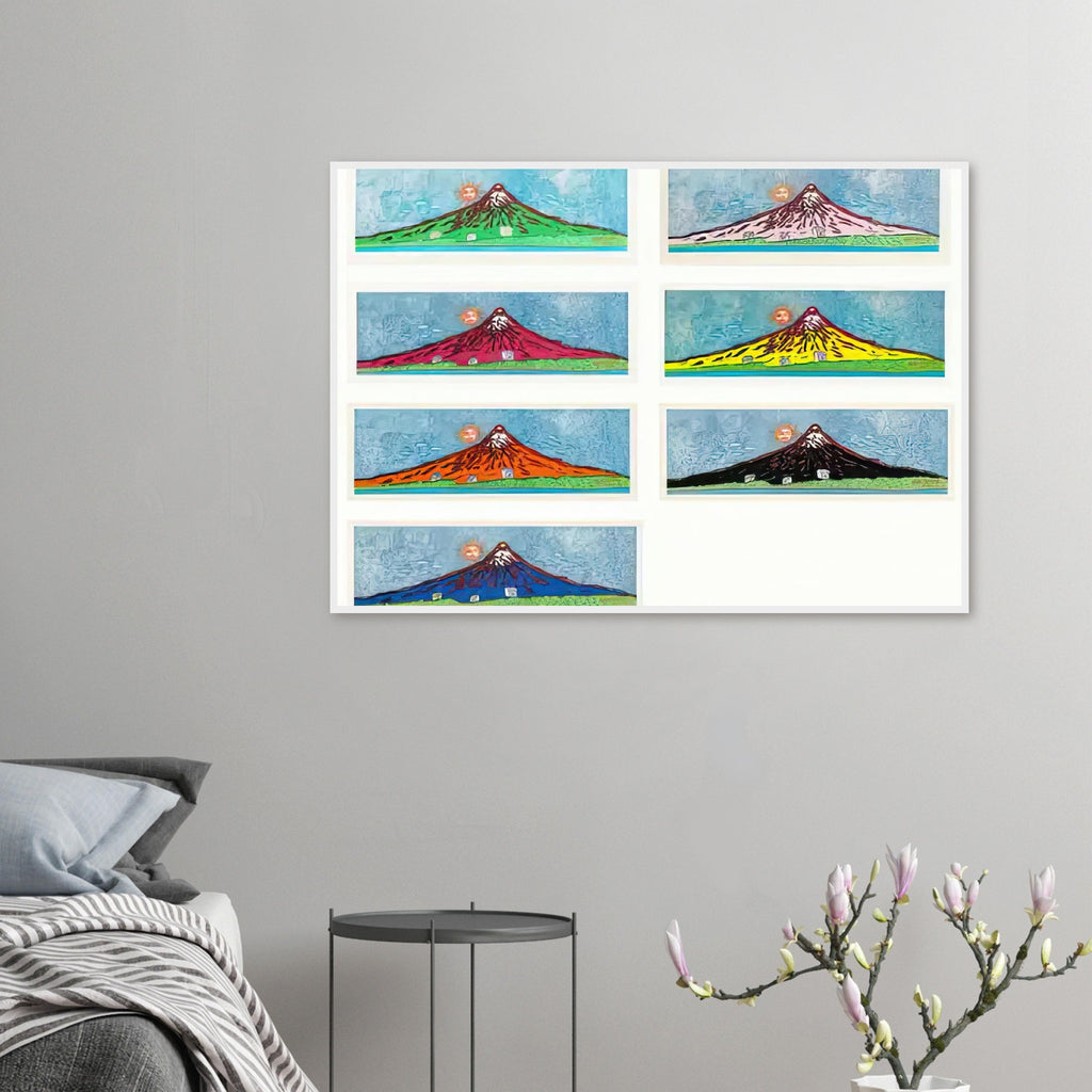 Yayoi Kusama framed print — Mt. Fuji in Seven Colours (Complete Set) brings together seven distinct interpretations of Japan’s famous mountain. Rather than repeating a single landscape, Kusama