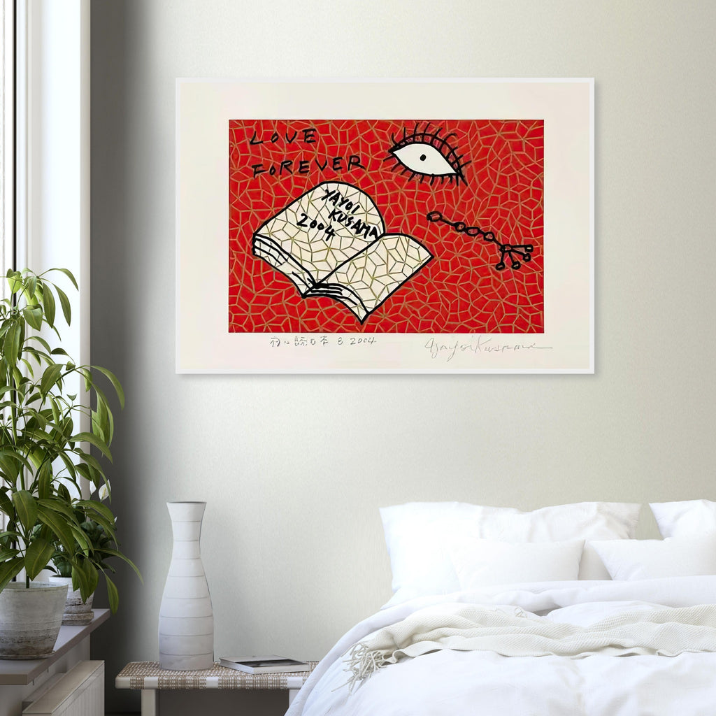 Yayoi Kusama framed print — Book to Read at Night B places an illustrated book at the center of a strange, poetic visual world