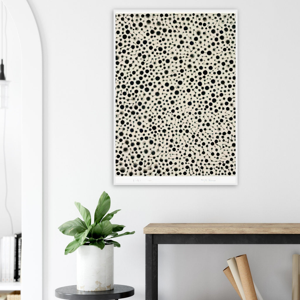Yayoi Kusama framed print — Tiny black circles, fine linking strands and irregular clusters form an intricate pattern against a pale surface