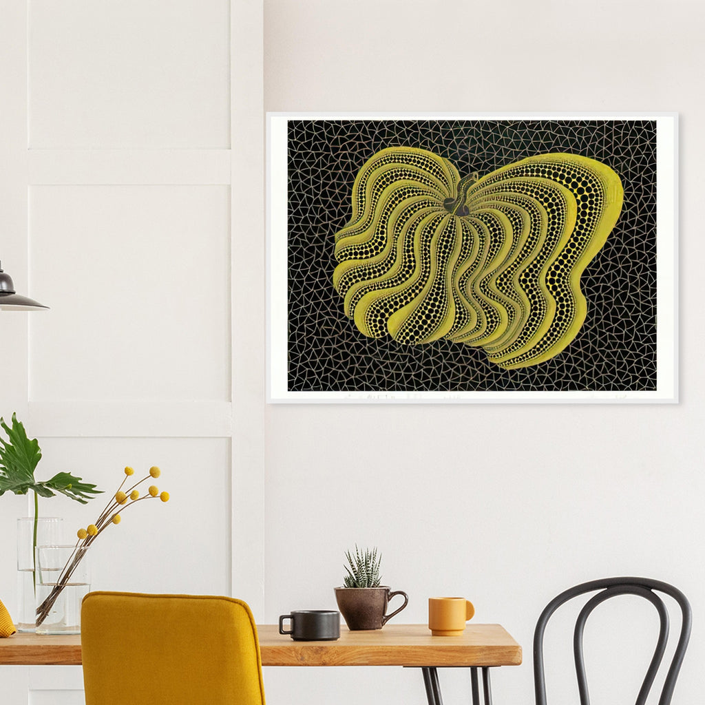 Yayoi Kusama framed print — Dancing Pumpkin (YBL) [Kusama 320] presents the gourd as a figure in motion