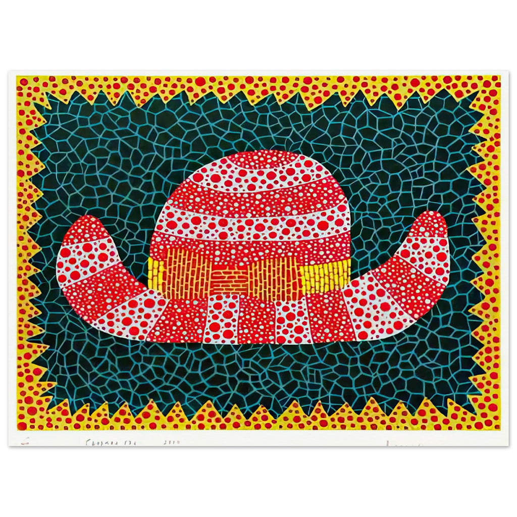 Yayoi Kusama poster — Chapeau I from Amour pour Toujours elevates a simple hat into a decorative, almost theatrical object, 15x20 cm / 6x8″