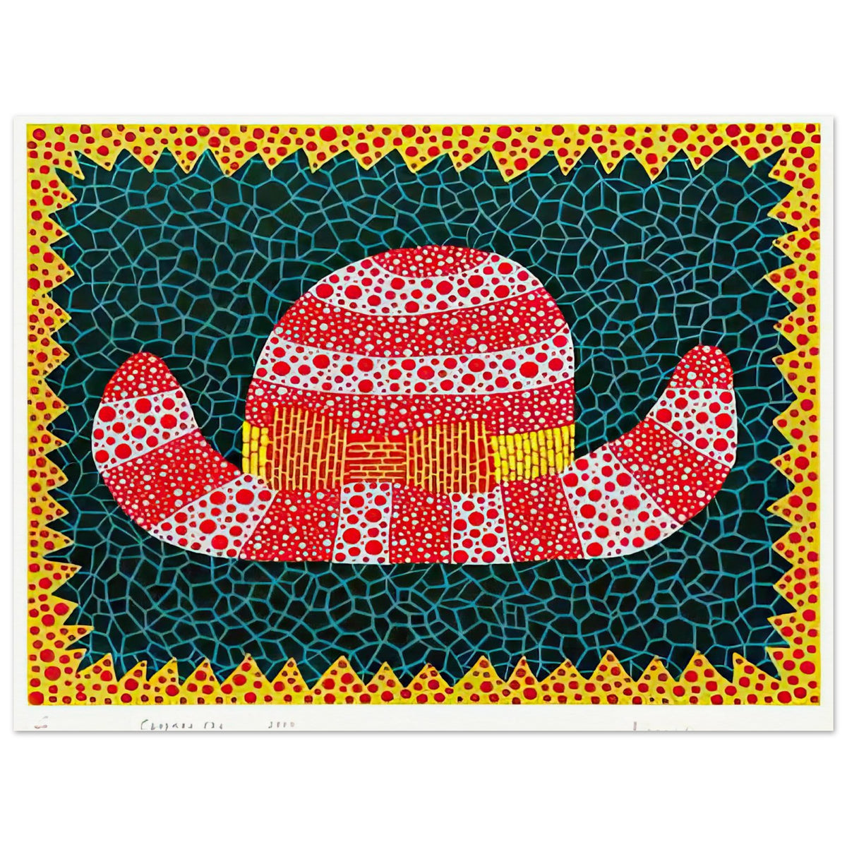 Yayoi Kusama poster — Chapeau I from Amour pour Toujours elevates a simple hat into a decorative, almost theatrical object, 15x20 cm / 6x8″