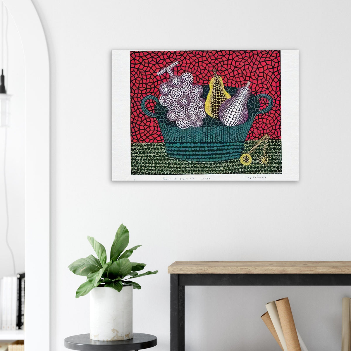 Yayoi Kusama canvas print — Panier de Fruits I from Amour pour Toujours turns a basket of fruit into a lively decorative still life