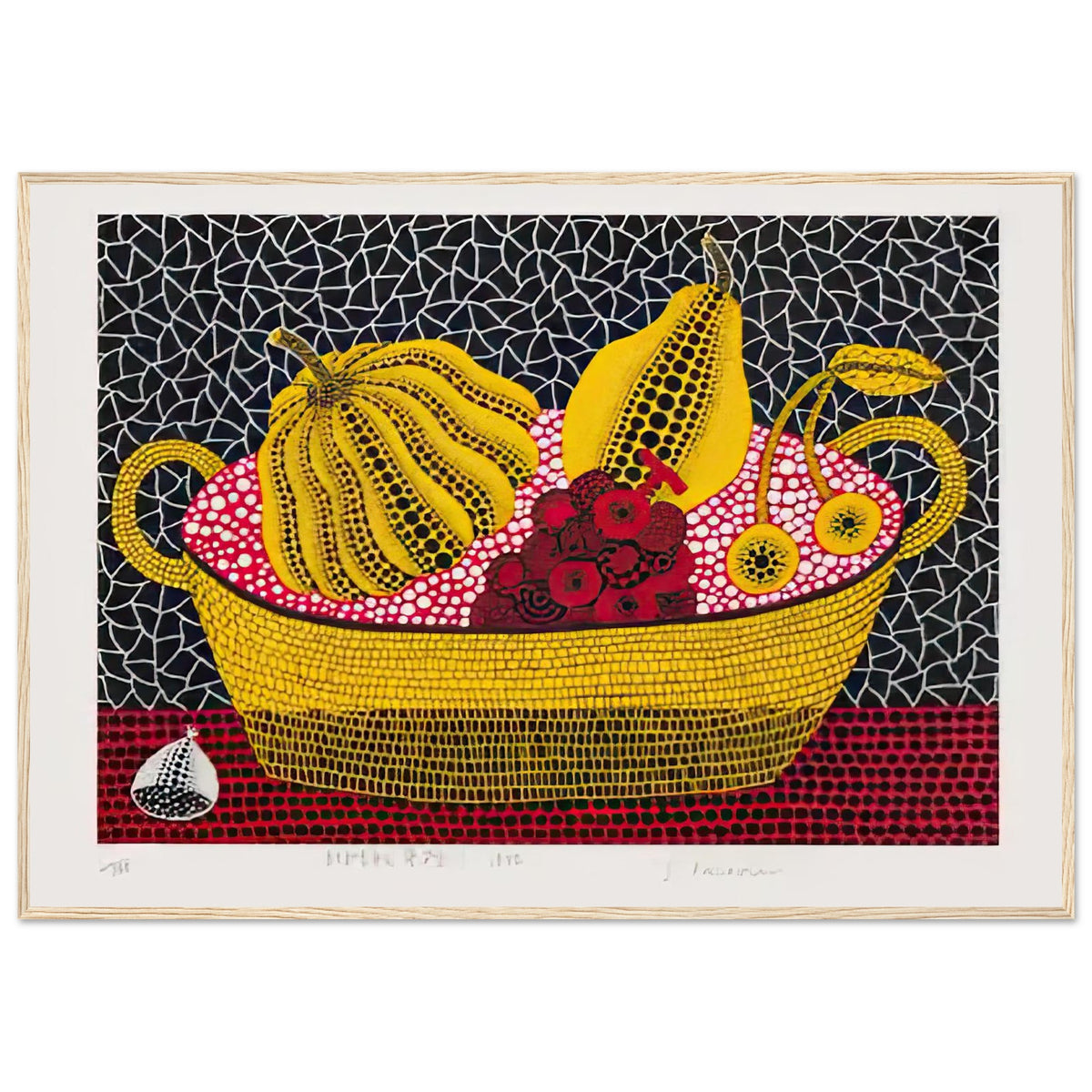 Yayoi Kusama framed print — Pumpkin and Fruits brings a dotted pumpkin into a richly populated still life rather than isolating the gourd on its own, wood frame, 70x100 cm / 28x40″