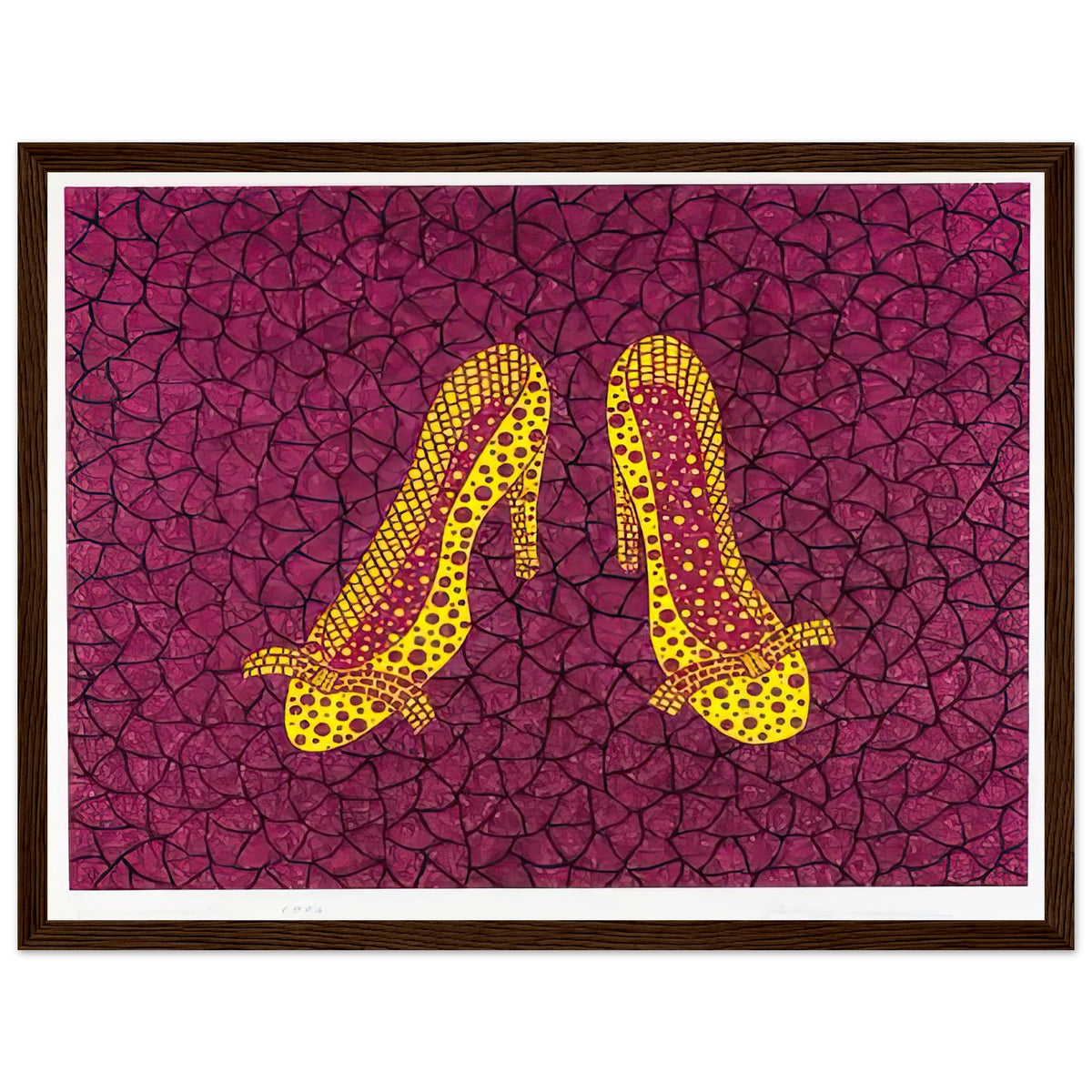 Yayoi Kusama framed print — High Heels (2) makes a fashion accessory the protagonist of a Kusama print, dark wood frame, 30x40 cm / 12x16″