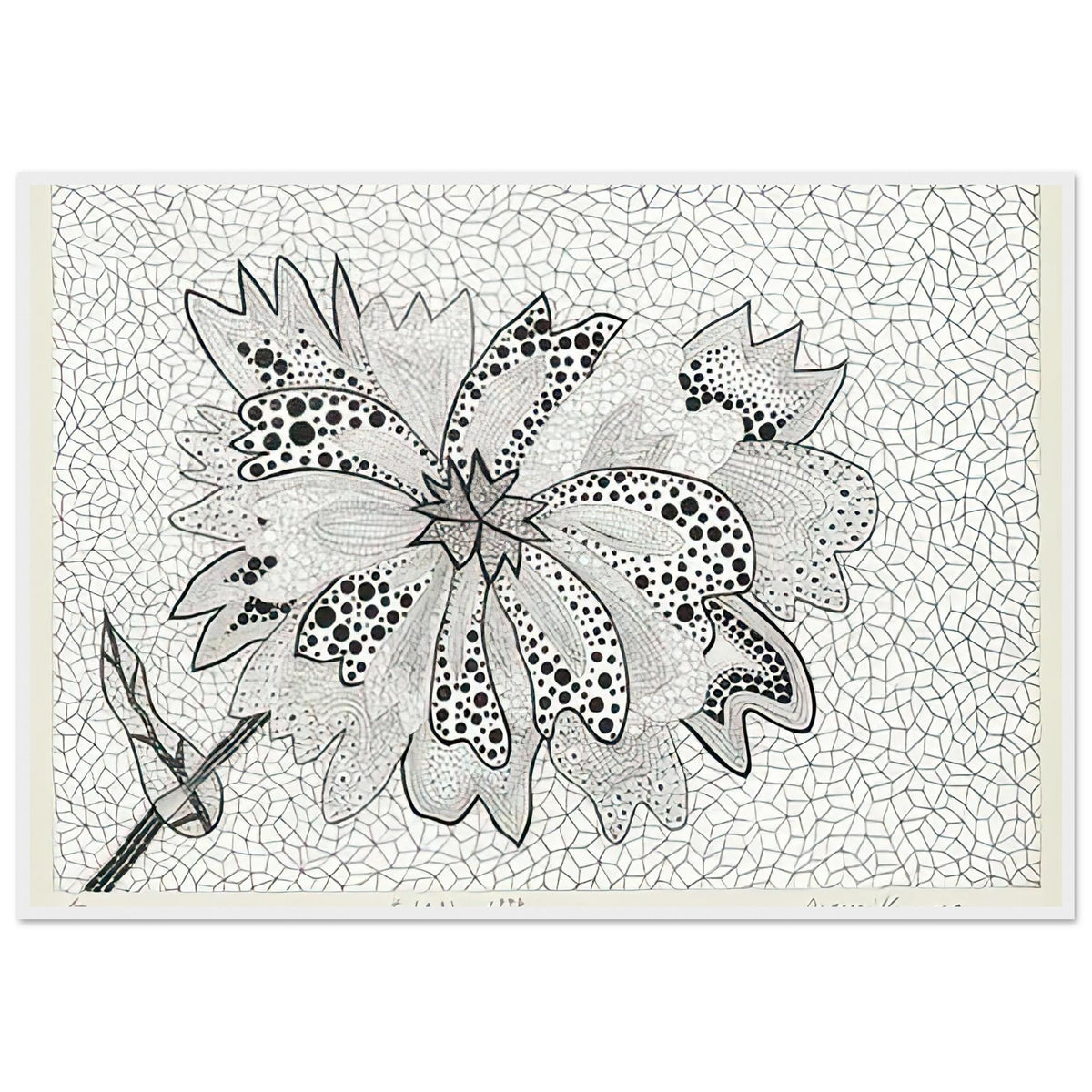 Yayoi Kusama framed print — Flower (A–B) places two designated botanical variations together in a single listing, white frame, 70x100 cm / 28x40″
