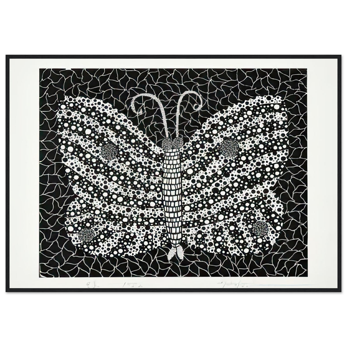 Yayoi Kusama framed print — Butterfly [Kusama 18] by Yayoi Kusama takes the lightness of a butterfly and gives it graphic intensity through pattern, black frame, 70x100 cm / 28x40″