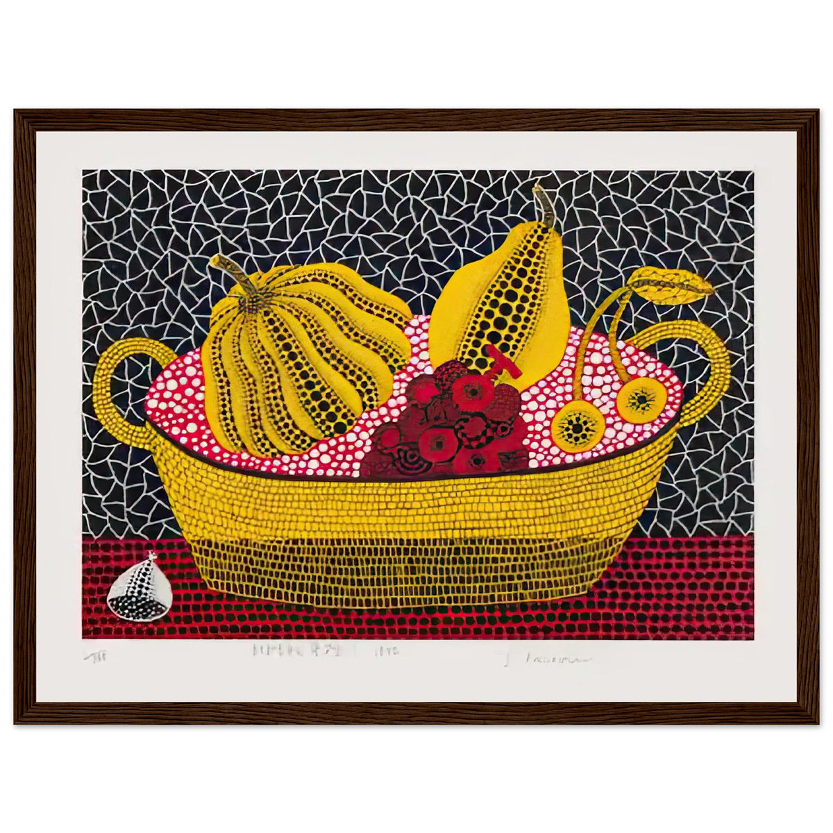 Yayoi Kusama framed print — Pumpkin and Fruits brings a dotted pumpkin into a richly populated still life rather than isolating the gourd on its own, dark wood frame, 30x40 cm / 12x16″