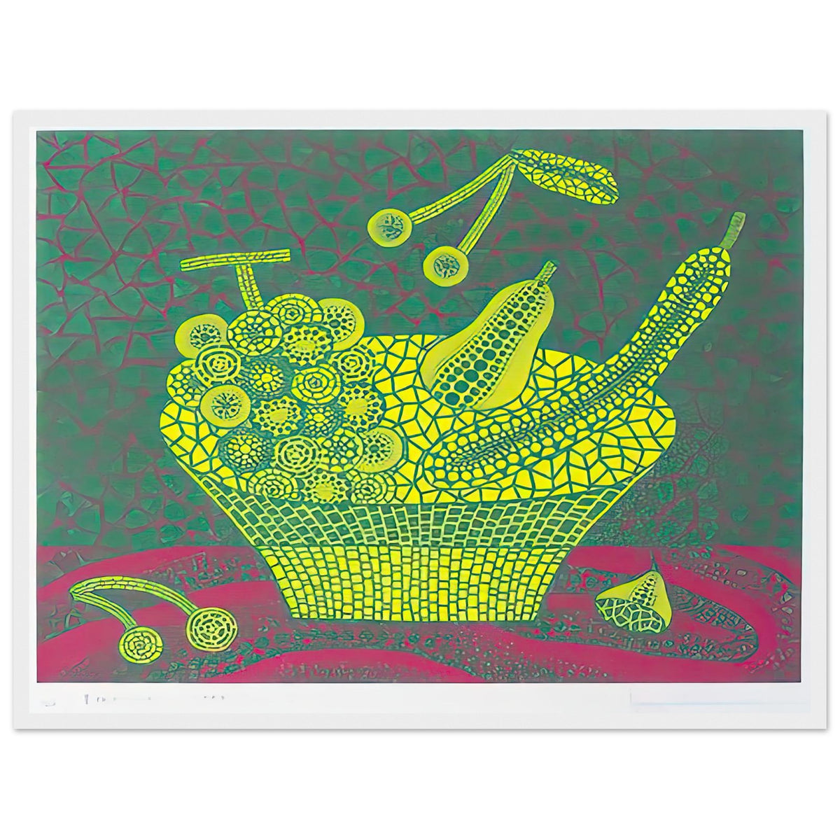 Yayoi Kusama framed print — Fruit Basket (4) by Yayoi Kusama explores one of the artist’s recurring subjects: the abundance of ordinary fruit, white frame, 45x60 cm / 18x24″