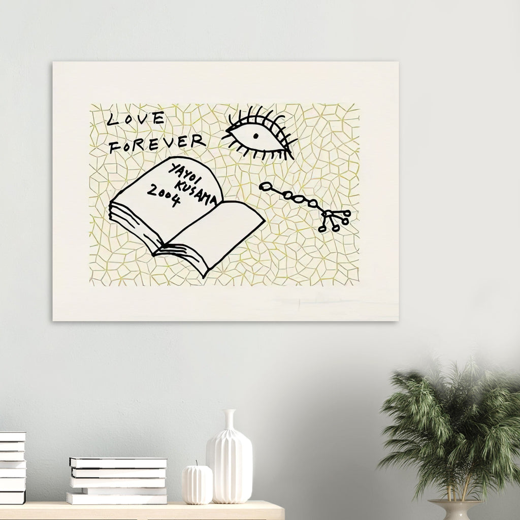 Yayoi Kusama poster — Book to Read at Night A places an illustrated book at the center of a strange, poetic visual world