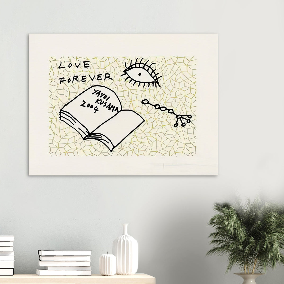 Yayoi Kusama poster — Book to Read at Night A places an illustrated book at the center of a strange, poetic visual world