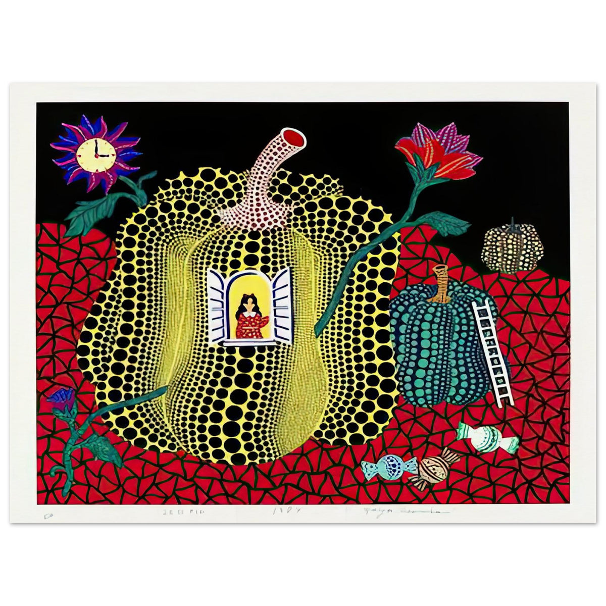 Yayoi Kusama poster — Hello (Image 2) is presented here as a poster based on Yayoi Kusama’s artwork, 15x20 cm / 6x8″