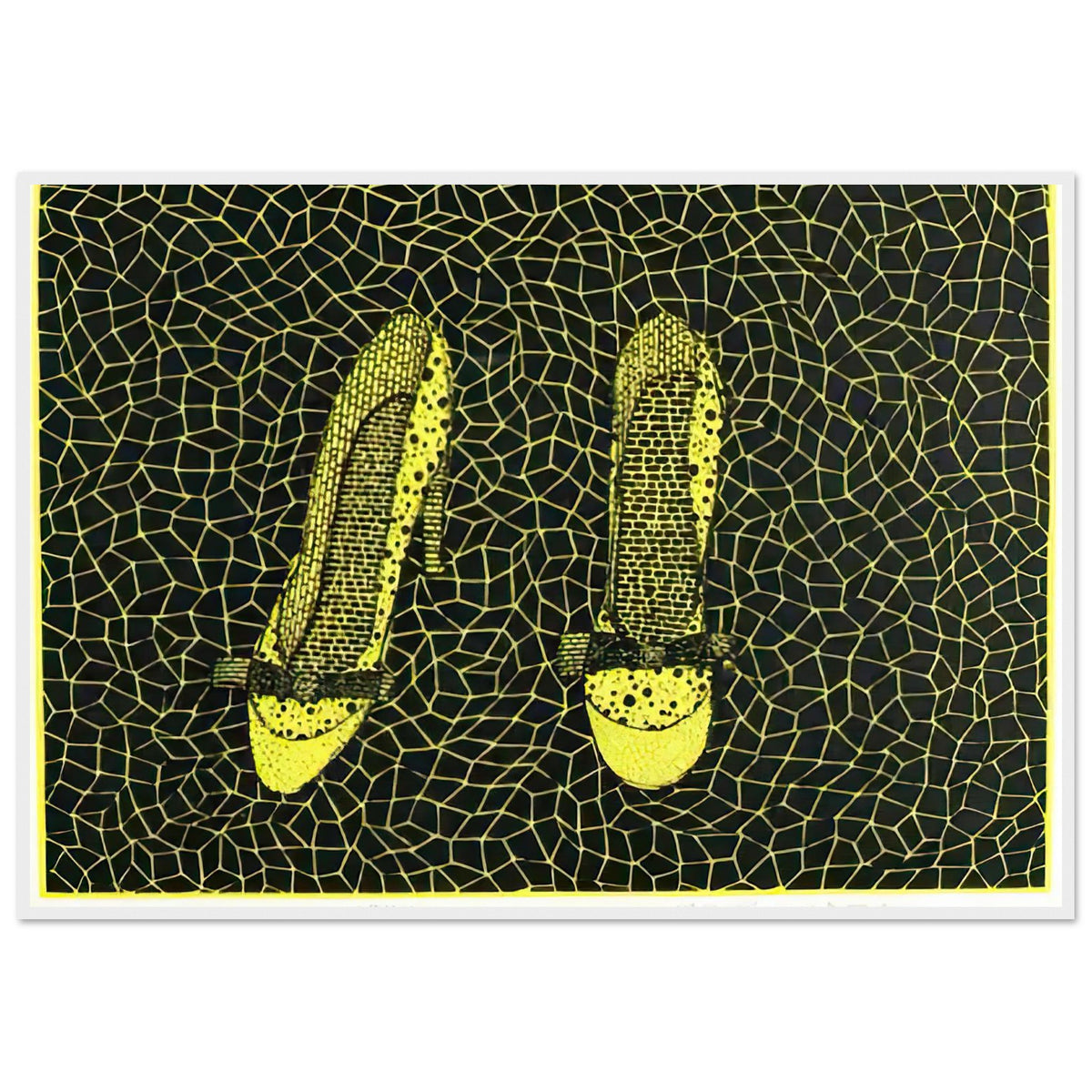 Yayoi Kusama framed print — Shoes (3) turns a footwear object into an image about shape, balance and individuality, white frame, 70x100 cm / 28x40″