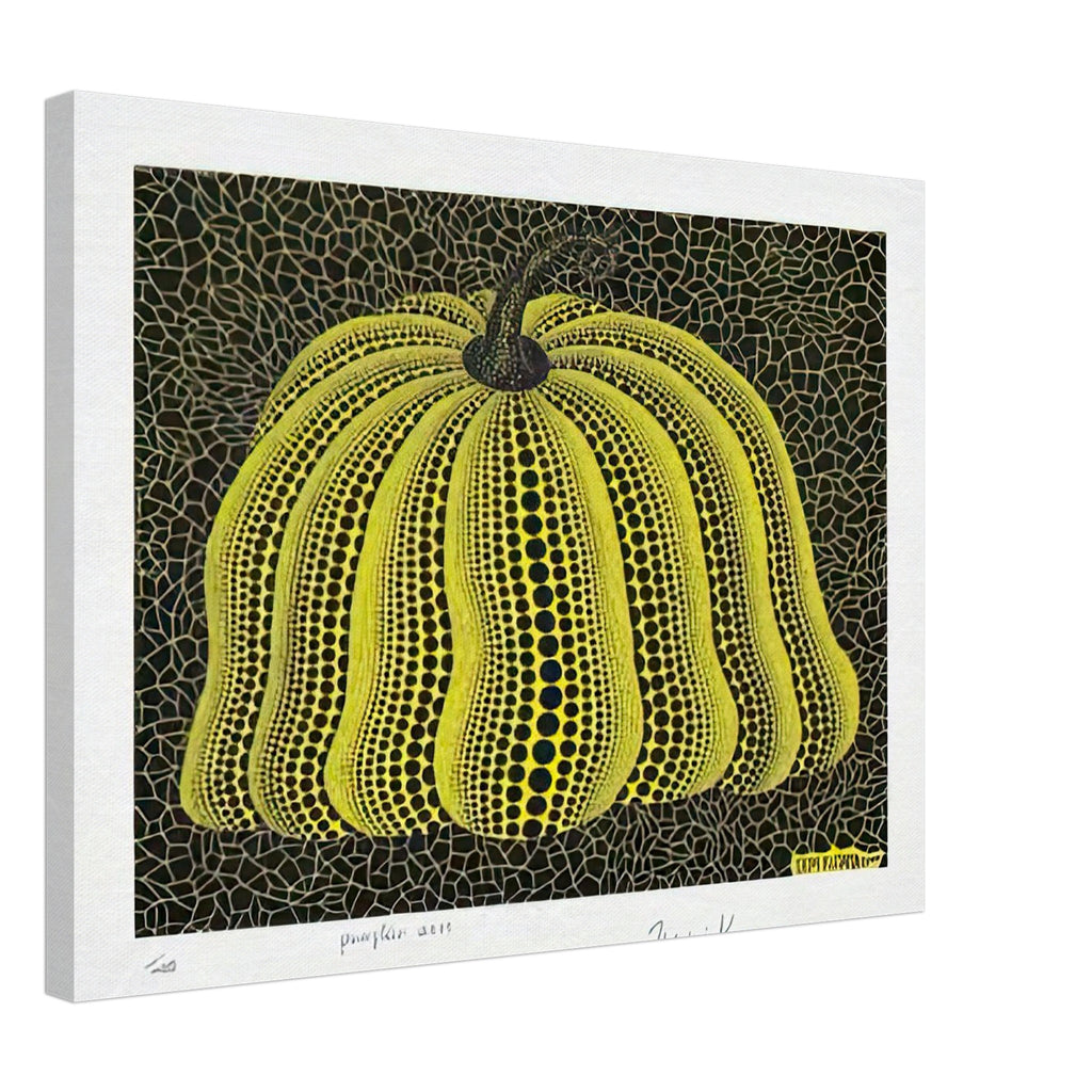 Yayoi Kusama canvas print — Pumpkin 2000 (Yellow) uses a yellow treatment to reinterpret one of Kusama’s most affectionate subjects, 45x60 cm / 18x24″