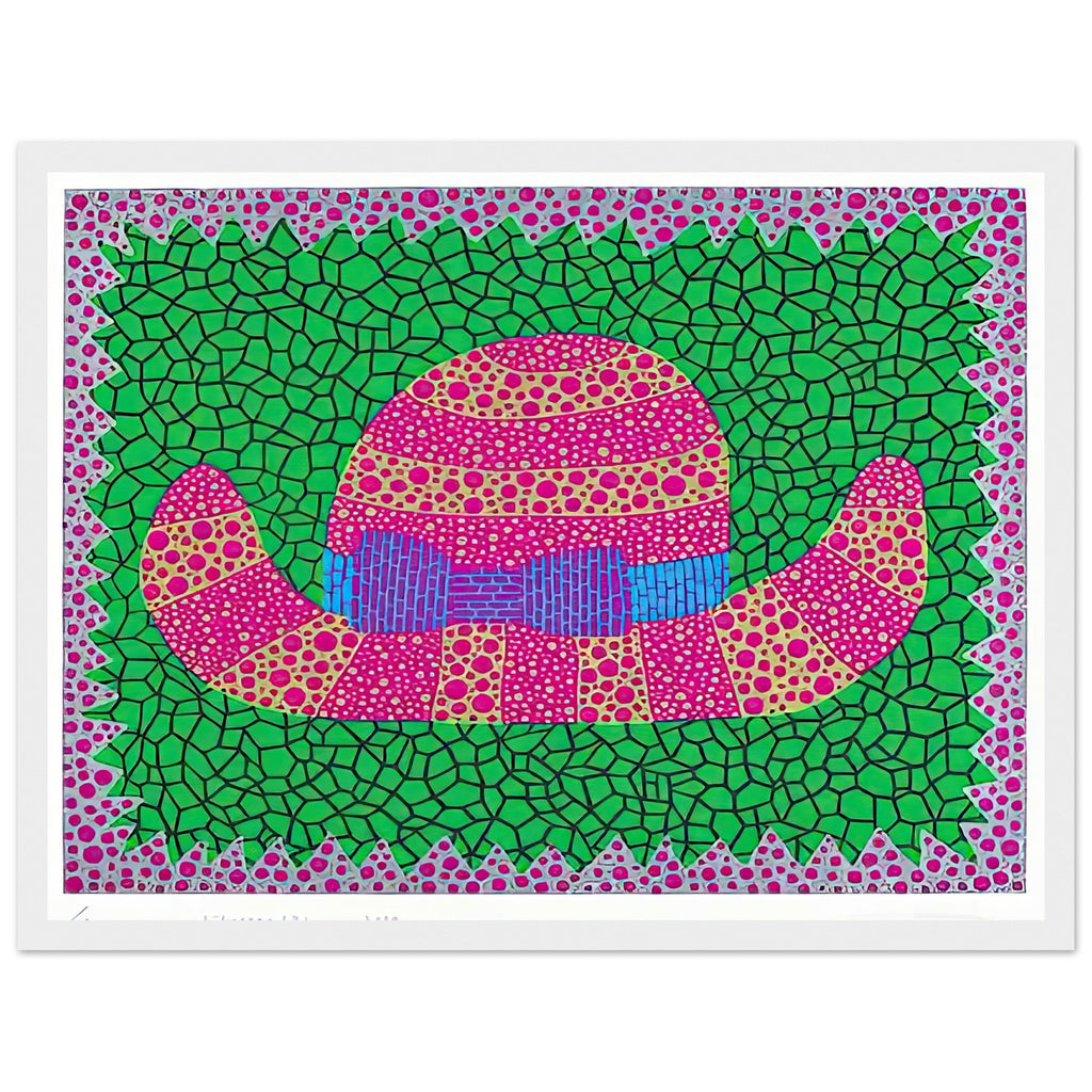 Yayoi Kusama framed print — Hat II turns an everyday hat into a subject for playful observation, white frame, 30x40 cm / 12x16″