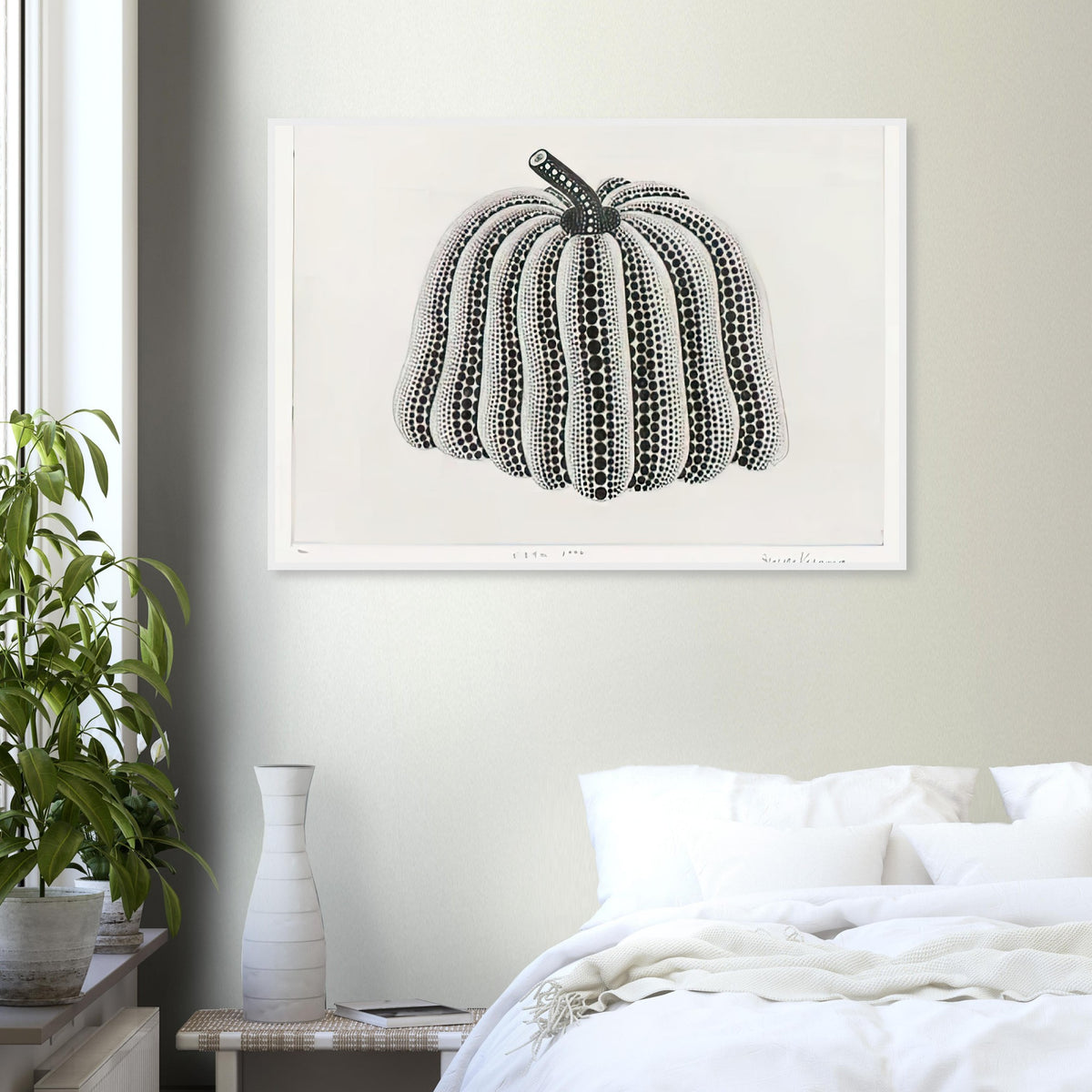 Yayoi Kusama framed print — Pumpkin [Kusama 201] revisits Kusama’s best-known vegetable through the relationship between its distinctive form and repeating ornament