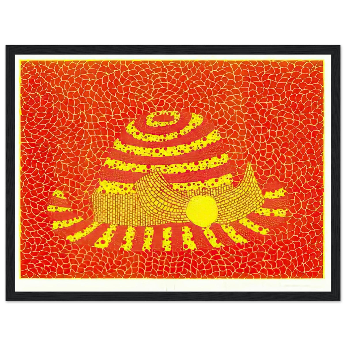 Yayoi Kusama framed print — Hat (Orange) presents a familiar accessory as an exercise in changing color and graphic character, black frame, 30x40 cm / 12x16″