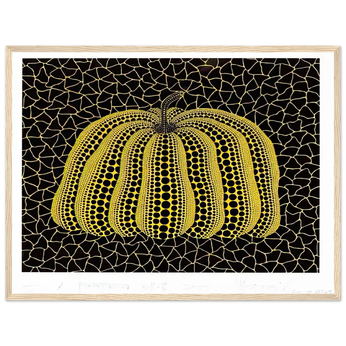 Yayoi Kusama framed print — Pumpkin (YB-B) [Kusama 327] revisits Kusama’s best-known vegetable through the relationship between its distinctive form and repeating ornament, wood frame, 45x60 cm / 18x24″