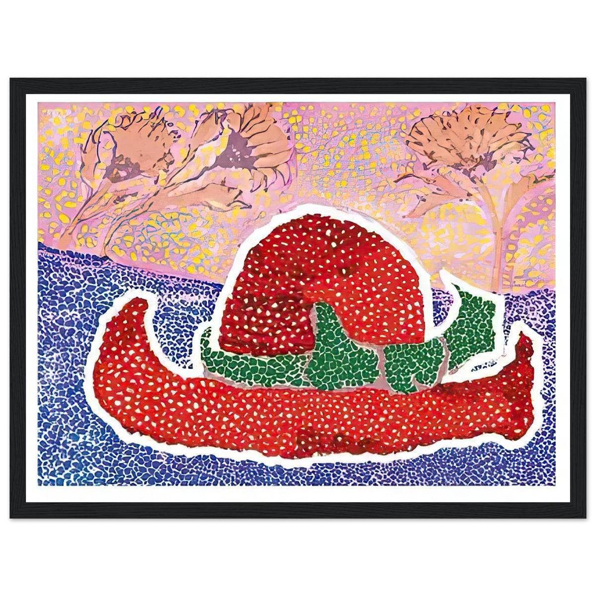 Yayoi Kusama framed print — Hat Left Behind in the Field turns an unattended accessory into a scene with an implied human presence, black frame, 30x40 cm / 12x16″