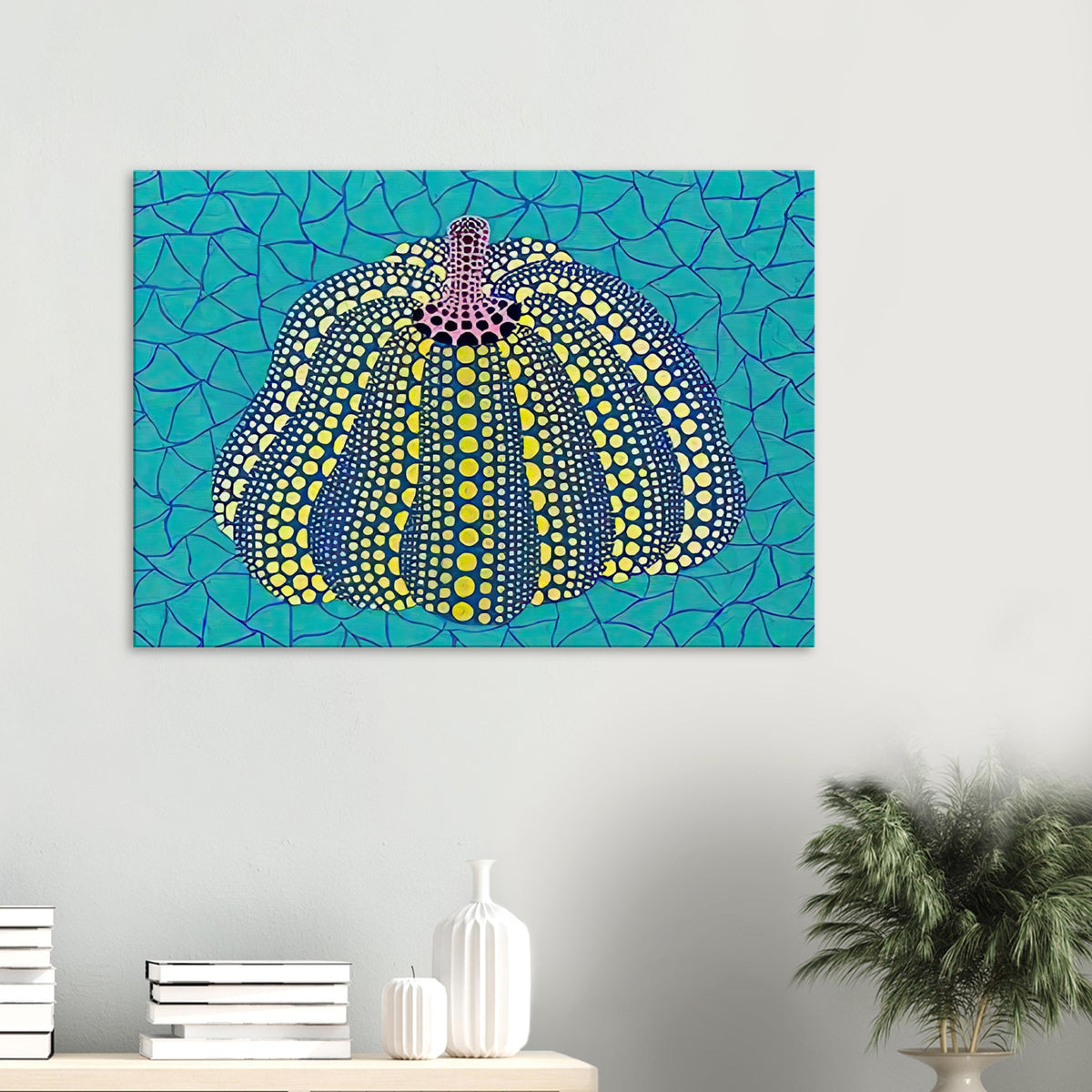 Yayoi Kusama canvas print — Pumpkin (OG) [Kusama 156] revisits Kusama’s best-known vegetable through the relationship between its distinctive form and repeating ornament