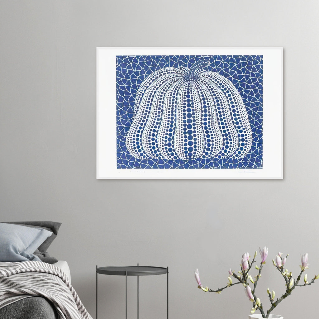 Yayoi Kusama framed print — Pumpkin (Blue, Version 2) presents Kusama’s familiar pumpkin through an explicitly blue variation
