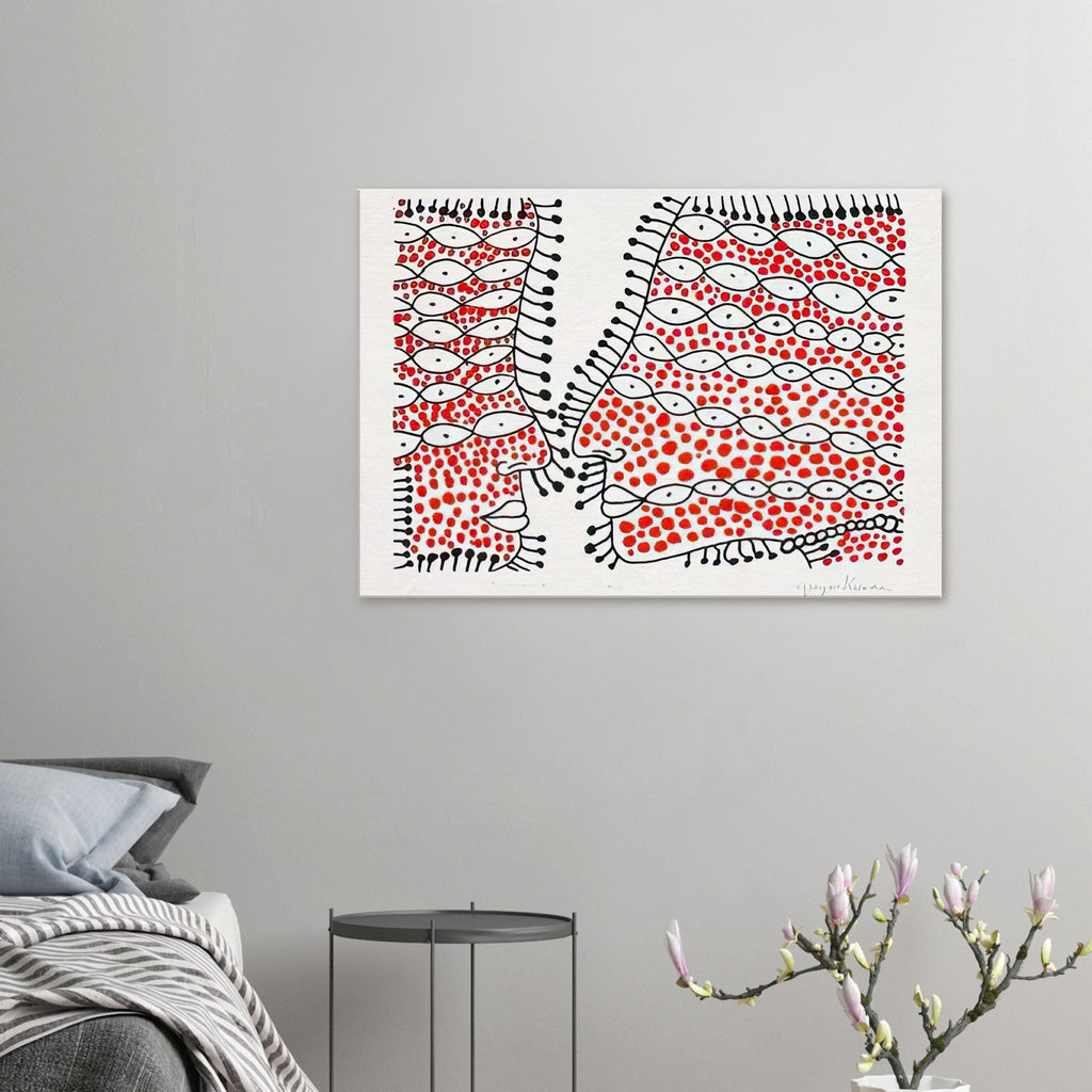 Yayoi Kusama canvas print — Beginning of Love suggests an intimate emotional moment expressed through Kusama’s recurring language of patterns and simple forms