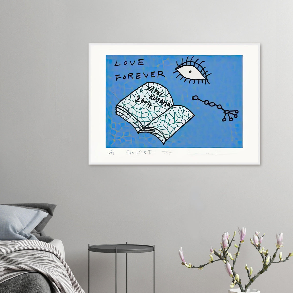 Yayoi Kusama framed print — Book to Read at Night D places an illustrated book at the center of a strange, poetic visual world