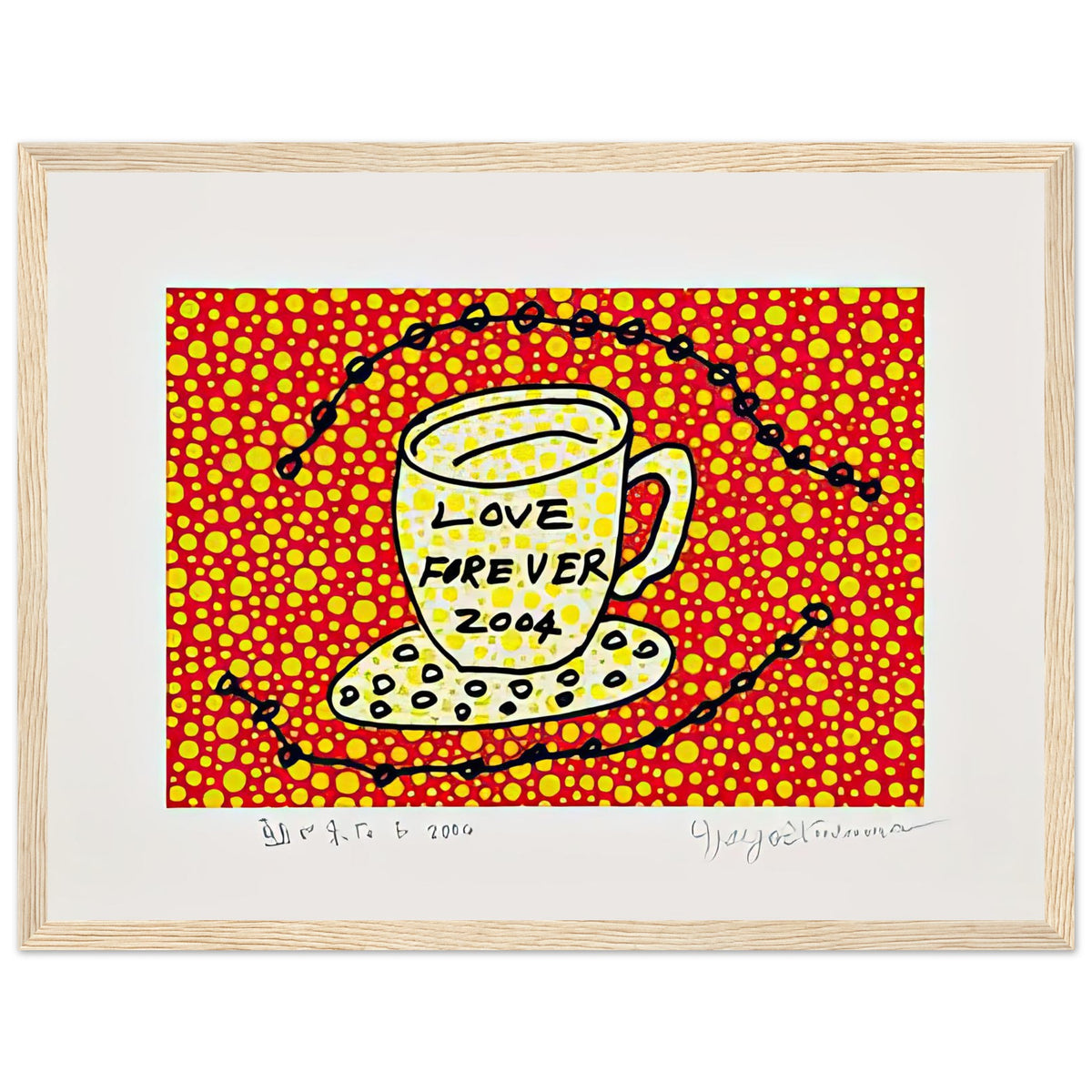 Yayoi Kusama framed print — Morning Is Here (E) joins a series of compact 2004 prints in which the beginning of the day becomes a subject for personal symbols and tightly controlled graphic, wood frame, 30x40 cm / 12x16″