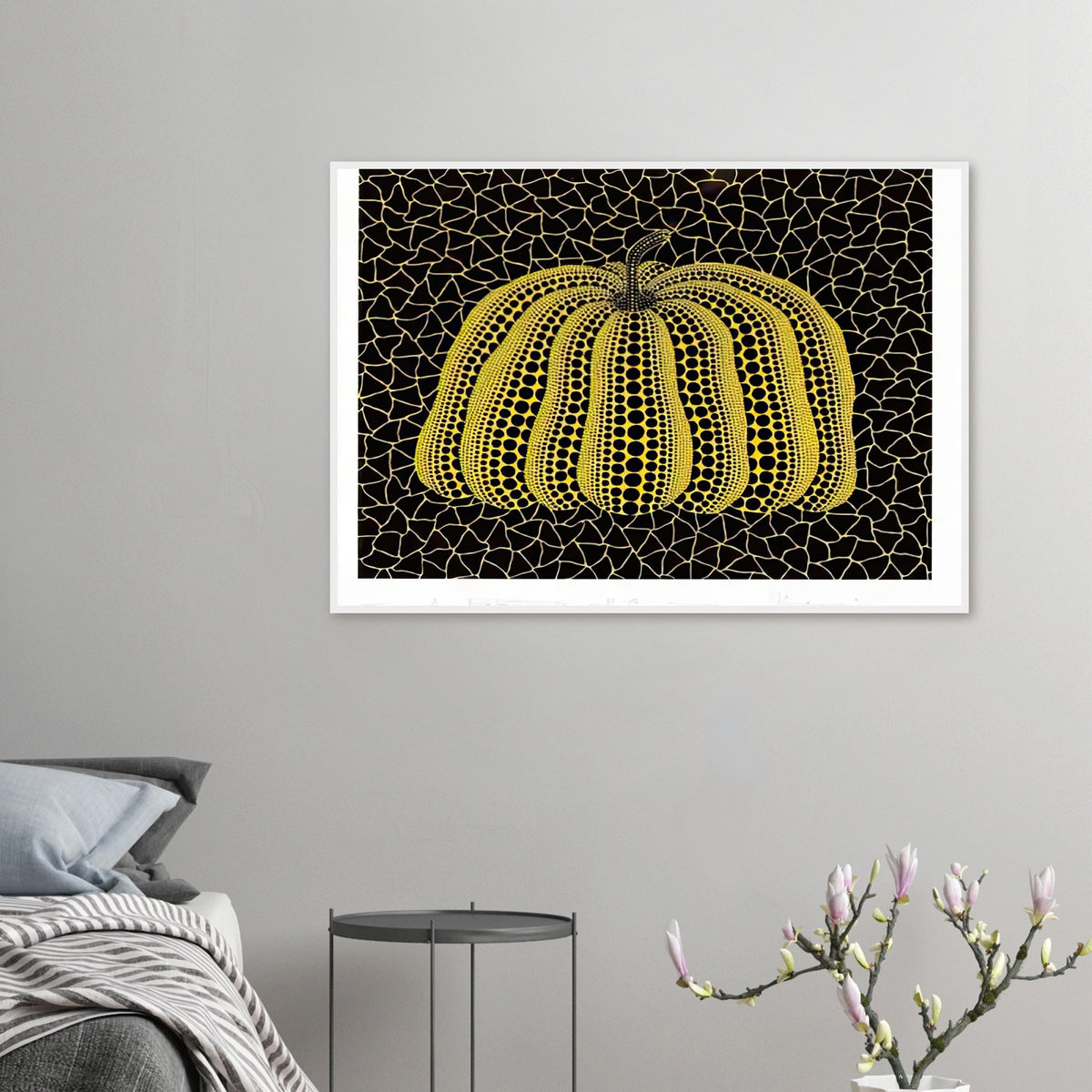 Yayoi Kusama framed print — Pumpkin (YB-B) [Kusama 327] revisits Kusama’s best-known vegetable through the relationship between its distinctive form and repeating ornament