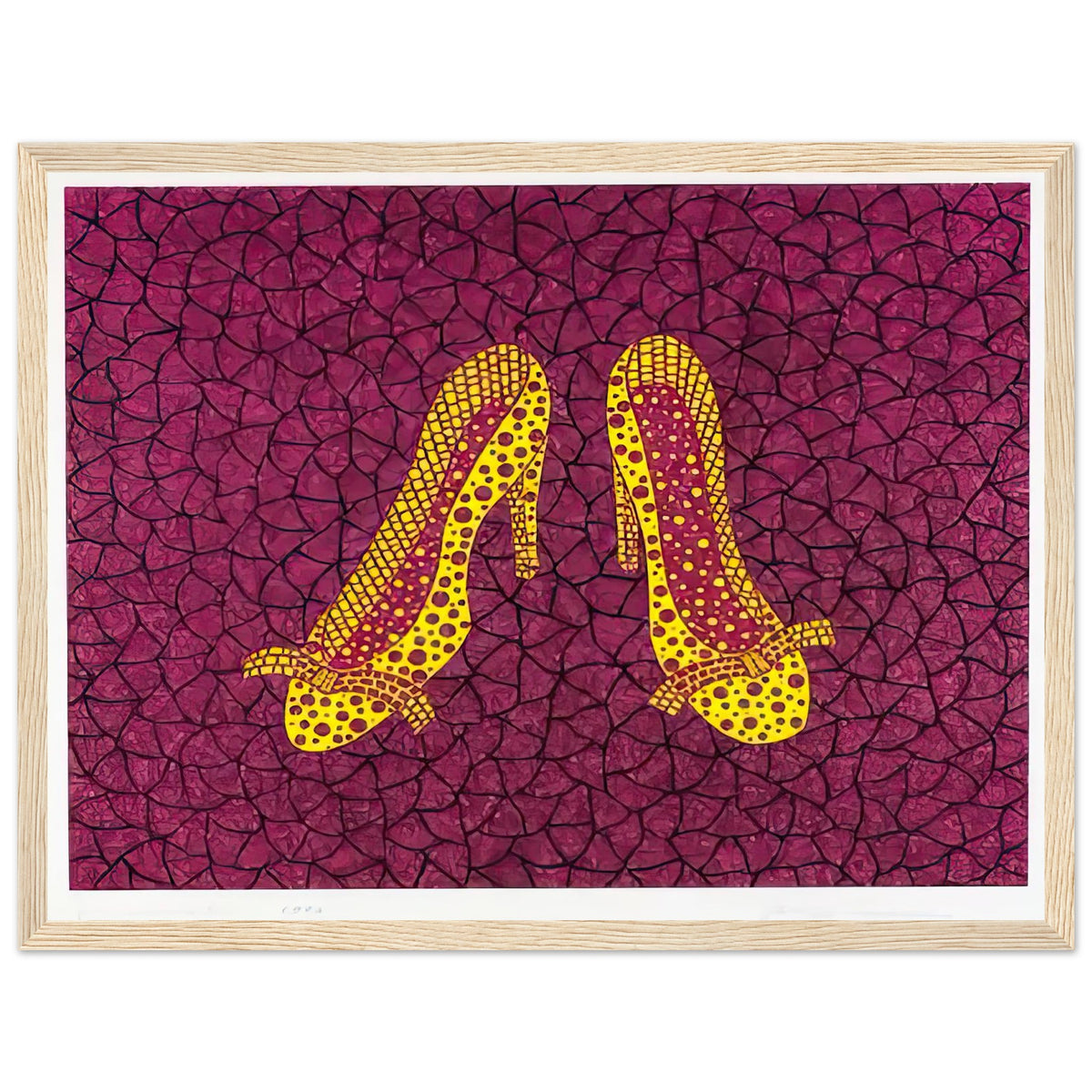 Yayoi Kusama framed print — High Heels (2) makes a fashion accessory the protagonist of a Kusama print, wood frame, 30x40 cm / 12x16″
