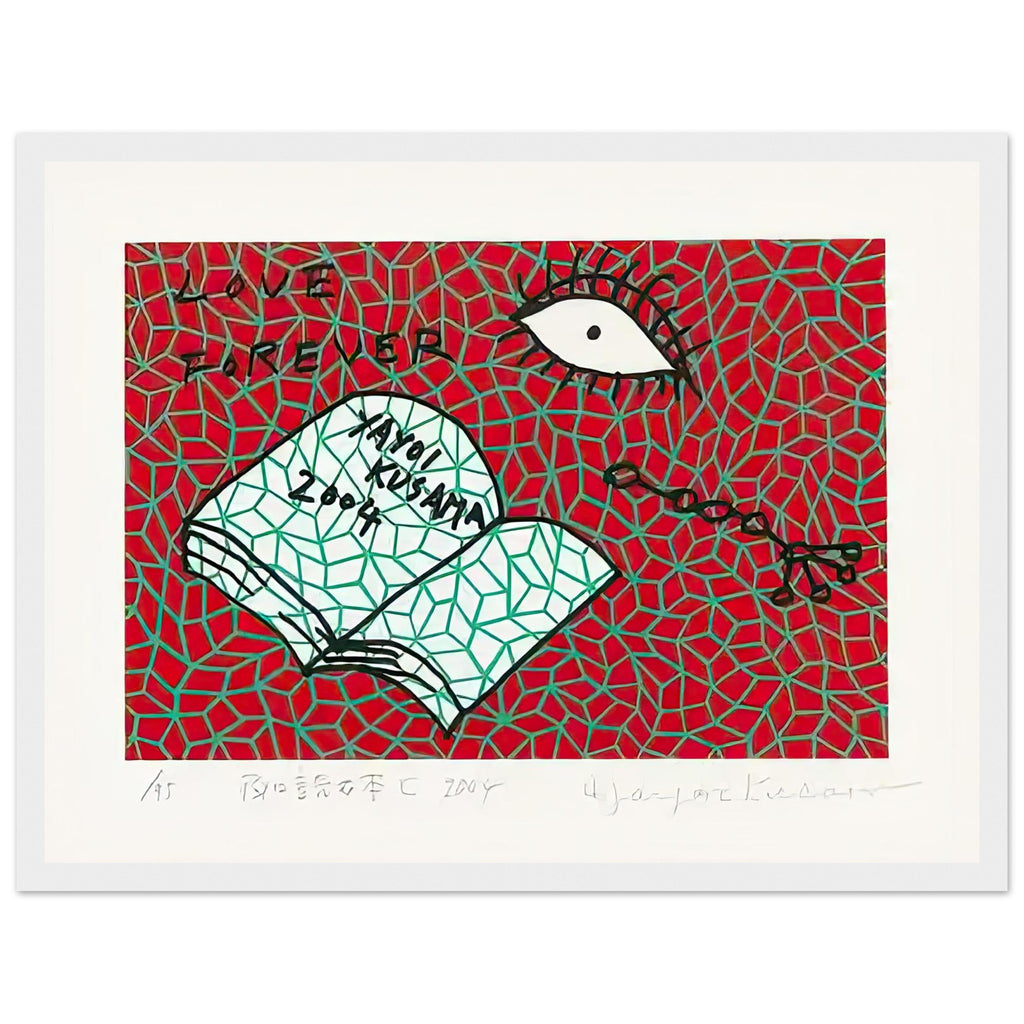 Yayoi Kusama framed print — Book to Read at Night C places an illustrated book at the center of a strange, poetic visual world, white frame, 30x40 cm / 12x16″