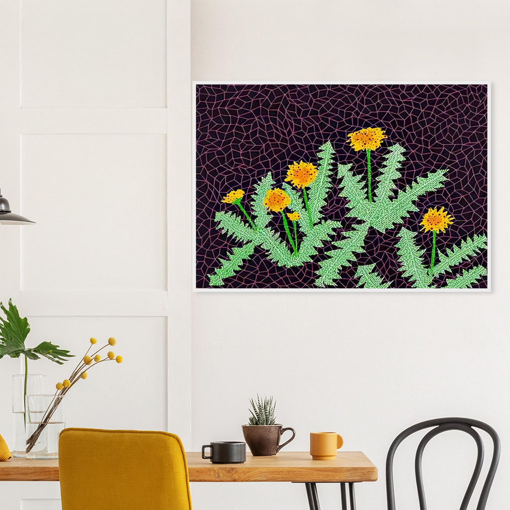 Yayoi Kusama framed print — Dandelions [Kusama 85] approaches a common meadow flower as a subject worth close observation