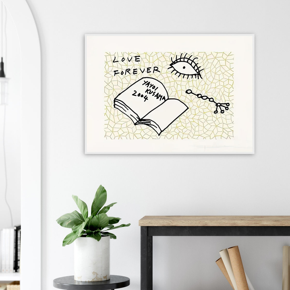 Yayoi Kusama framed print — Book to Read at Night A places an illustrated book at the center of a strange, poetic visual world