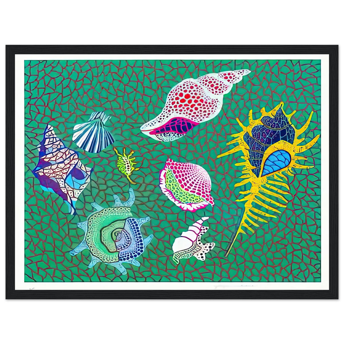 Yayoi Kusama framed print — Shells draws attention to small natural objects whose curved structures and repeating ridges are already pattern-like, black frame, 30x40 cm / 12x16″