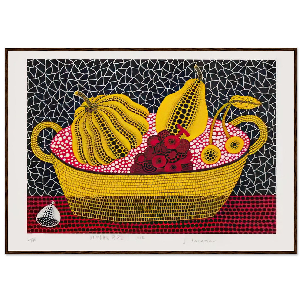 Yayoi Kusama framed print — Pumpkin and Fruits brings a dotted pumpkin into a richly populated still life rather than isolating the gourd on its own, dark wood frame, 70x100 cm / 28x40″