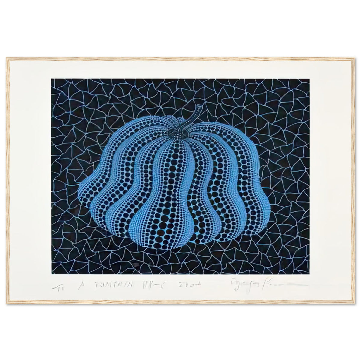 Yayoi Kusama framed print — Pumpkin (BB-C) [Kusama 330] revisits Kusama’s best-known vegetable through the relationship between its distinctive form and repeating ornament, wood frame, 70x100 cm / 28x40″