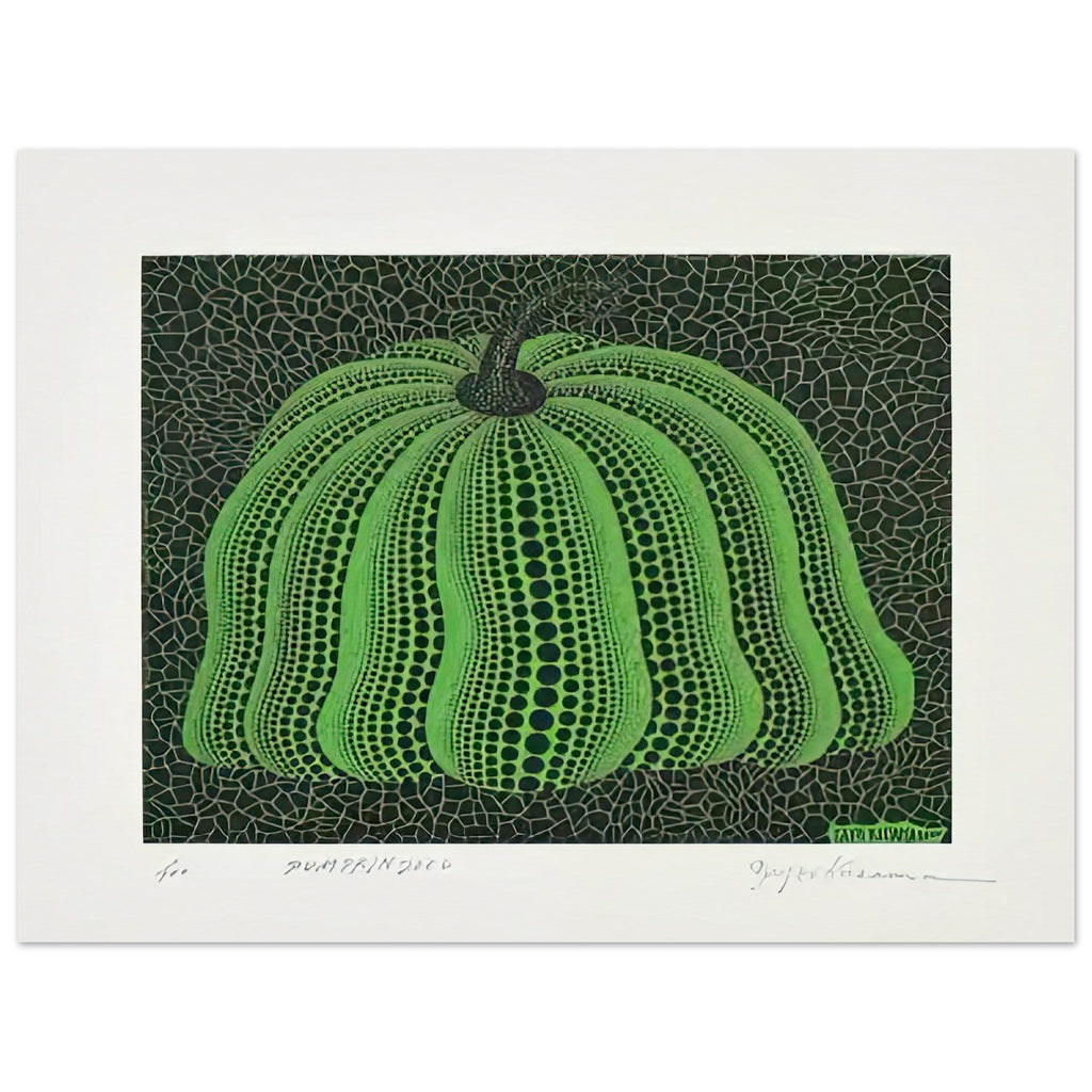 Yayoi Kusama poster — Pumpkin 2000 (Green) uses a green treatment to reinterpret one of Kusama’s most affectionate subjects, 15x20 cm / 6x8″
