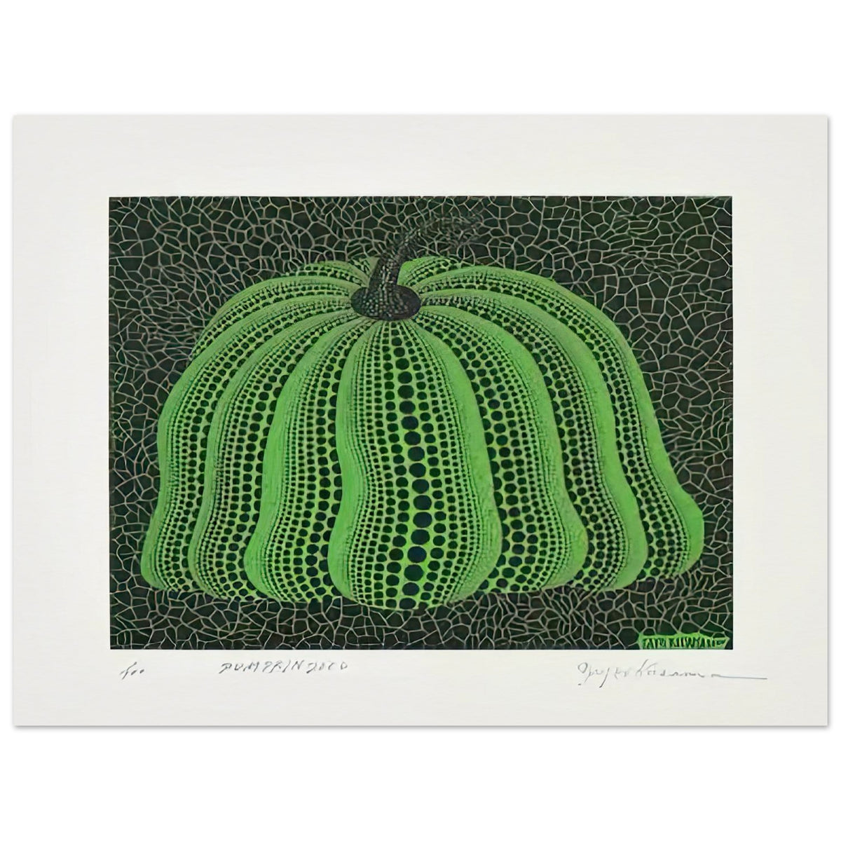 Yayoi Kusama poster — Pumpkin 2000 (Green) uses a green treatment to reinterpret one of Kusama’s most affectionate subjects, 15x20 cm / 6x8″