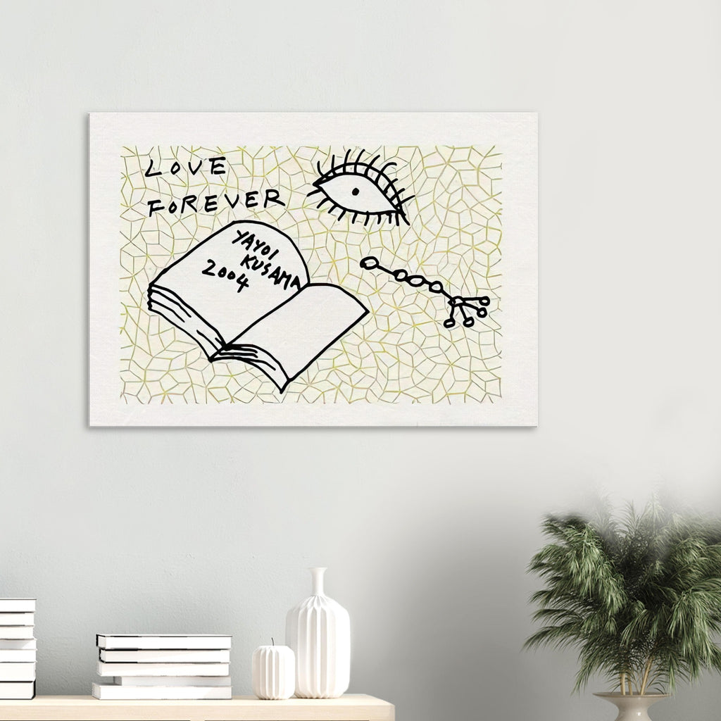 Yayoi Kusama canvas print — Book to Read at Night A places an illustrated book at the center of a strange, poetic visual world