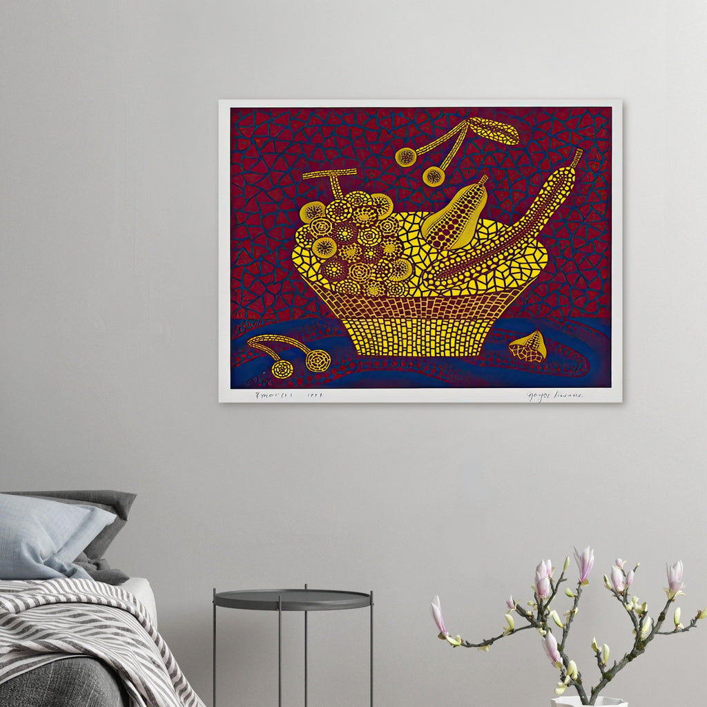 Yayoi Kusama poster — Fruit Basket (2) by Yayoi Kusama explores one of the artist’s recurring subjects: the abundance of ordinary fruit