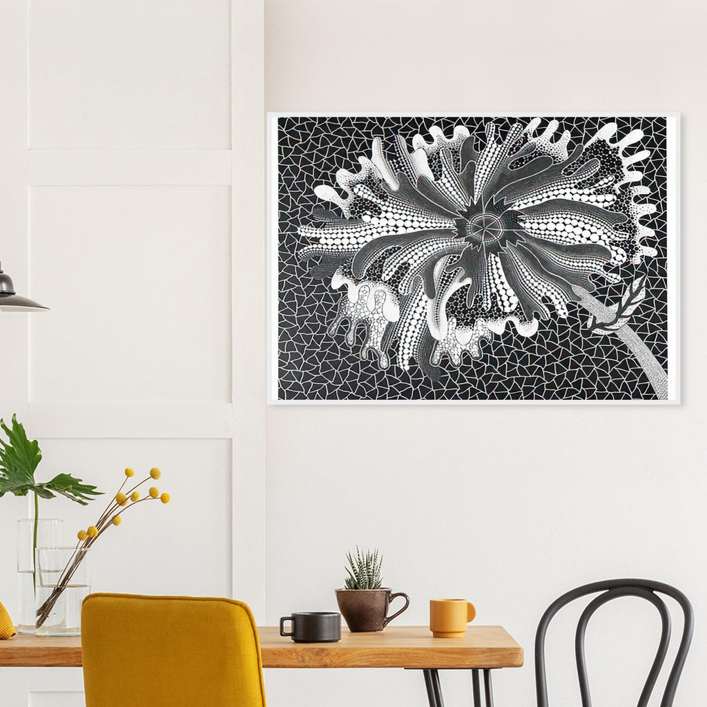 Yayoi Kusama framed print — Flower (XL) treats a single flowering motif as a complete visual world