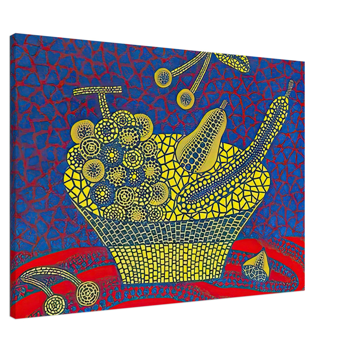 Yayoi Kusama canvas print — Fruit Basket (1) by Yayoi Kusama explores one of the artist’s recurring subjects: the abundance of ordinary fruit, 70x100 cm / 28x40″