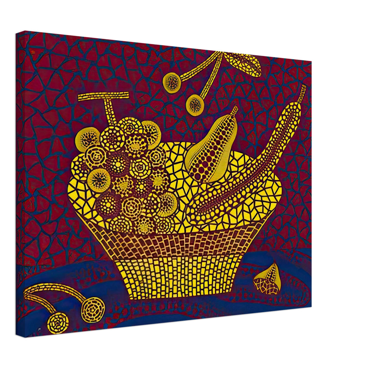 Yayoi Kusama canvas print — Fruit Basket (2) by Yayoi Kusama explores one of the artist’s recurring subjects: the abundance of ordinary fruit, 45x60 cm / 18x24″