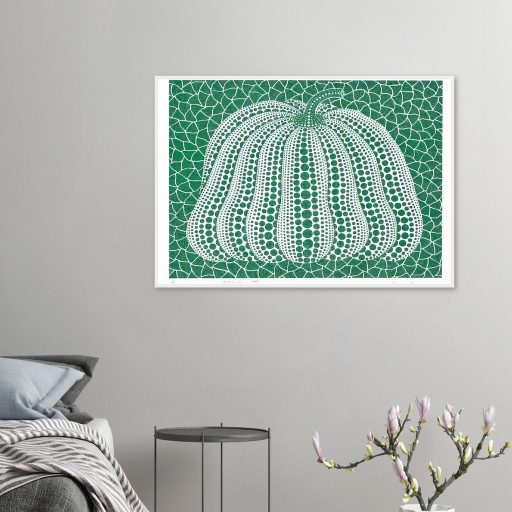 Yayoi Kusama framed print — Pumpkin Green presents Kusama’s familiar pumpkin through an explicitly green variation