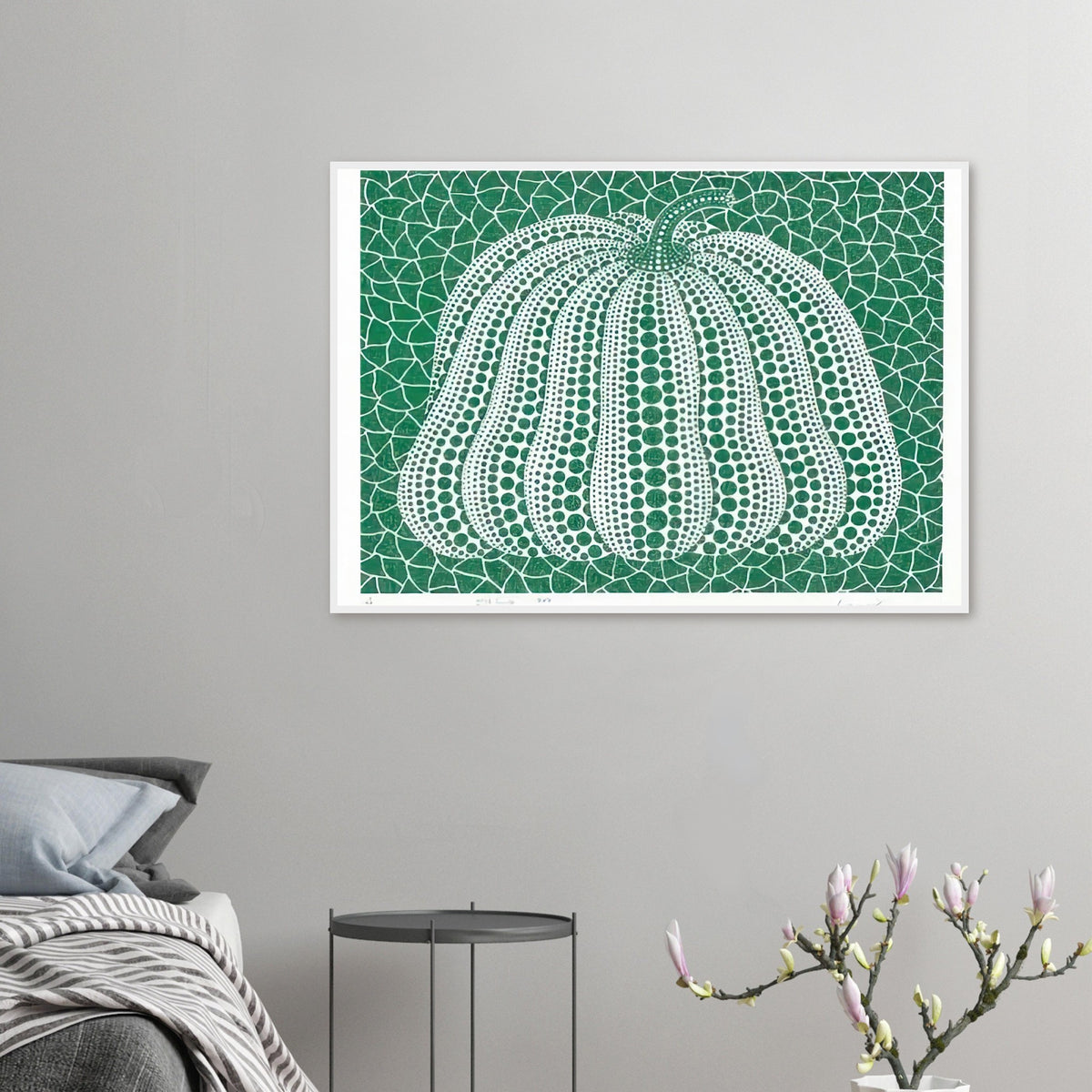 Yayoi Kusama framed print — Pumpkin Green presents Kusama’s familiar pumpkin through an explicitly green variation
