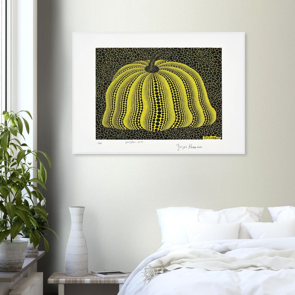 Yayoi Kusama framed print — Pumpkin 2000 (Yellow) uses a yellow treatment to reinterpret one of Kusama’s most affectionate subjects